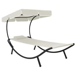 Chaise longue de jardin avec auvent et oreiller Blanc cr&egrave;me