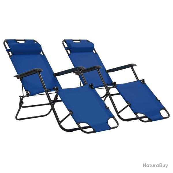 Chaises longues pliables 2 pcs avec repose-pied Acier Bleu