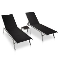 Chaises longues lot de 2 avec table acier et textil&egrave;ne noir