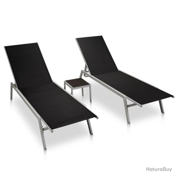 Chaises longues lot de 2 avec table acier et textil�ne noir