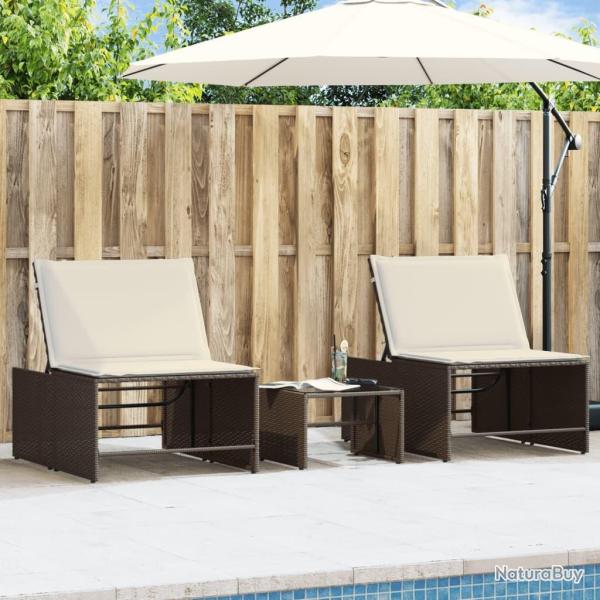Chaises longues 2 pi�ces avec table en r�sine tress�e marron
