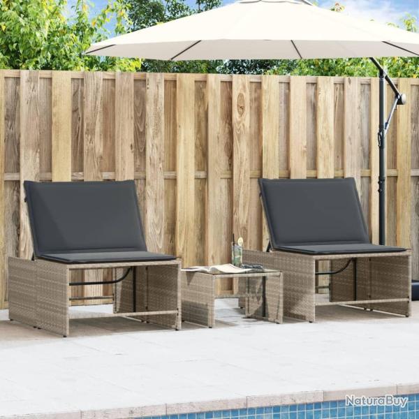 Chaises longues 2 pi�ces avec table en r�sine tress�e gris clair