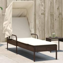 Chaise longue avec auvent marron r&eacute;sine tress&eacute;e