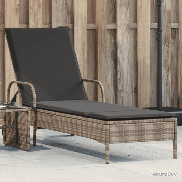Chaise longue avec roues et coussin gris r�sine tress�e