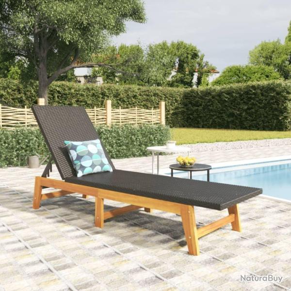 Chaise longue Noir/marron R�sine tress�e/bois massif d'acacia