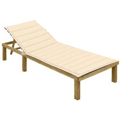 Chaise longue avec coussin cr&egrave;me Bois de pin impr&eacute;gn&eacute;