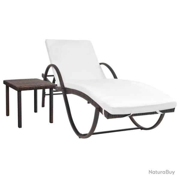 Chaise longue avec coussin et table R�sine tress�e Marron