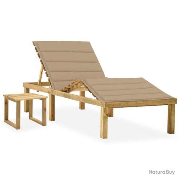 Chaise longue de jardin avec table et coussin Pin impr�gn�