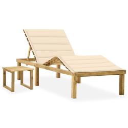 Chaise longue de jardin avec table et coussin Pin impr&eacute;gn&eacute;