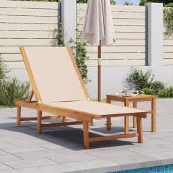 Chaise longue et table cr&egrave;me bois d'acacia solide et textil&egrave;ne