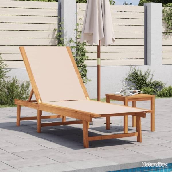 Chaise longue et table cr�me bois d'acacia solide et textil�ne