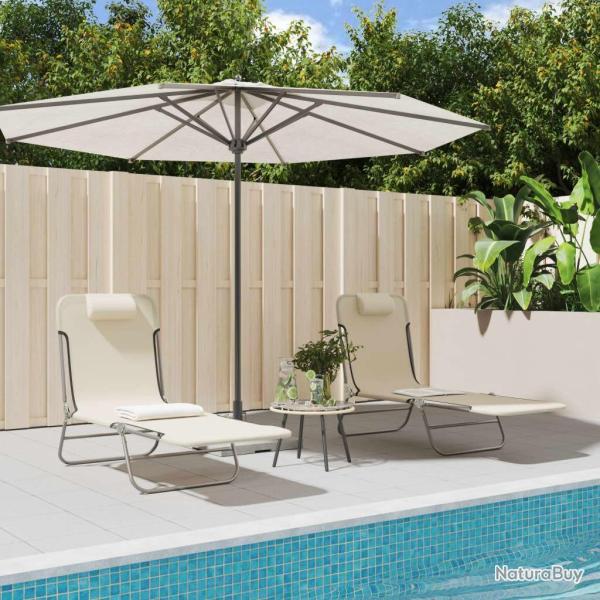 Chaises longues pliables lot de 2 cr�me textil�ne et acier