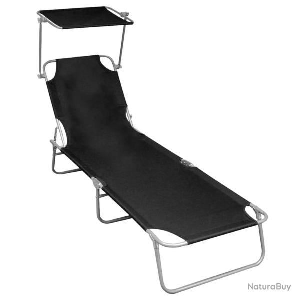 Chaise longue pliable avec auvent Noir Aluminium