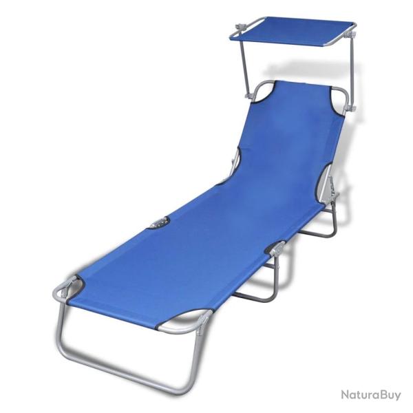 Chaise longue pliable avec auvent acier et tissu bleu