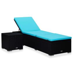 Chaise longue avec coussin et table &agrave; th&eacute; R&eacute;sine tress&eacute;e Bleu