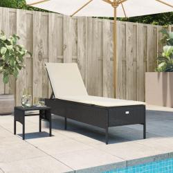 Chaise longue avec table et coussin noir r&eacute;sine tress&eacute;e