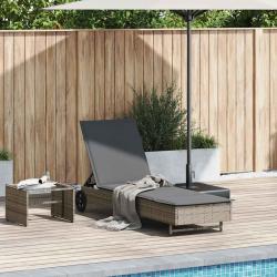 Chaise longue avec roues et coussin gris r&eacute;sine tress&eacute;e