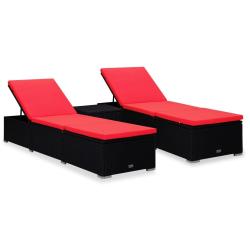 Chaises longues de jardin table &agrave; th&eacute; 3 pcs R&eacute;sine tress&eacute;e Noir