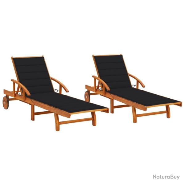 Chaises longues lot de 2 avec coussins Bois d'acacia solide
