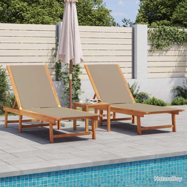 Chaises longues lot de 2 table taupe bois d'acacia et textil�ne