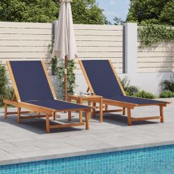 Chaises longues lot de 2 table bleu bois d'acacia et textil&egrave;ne