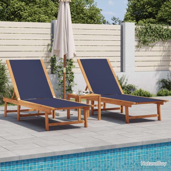 Chaises longues lot de 2 table bleu bois d'acacia et textil�ne