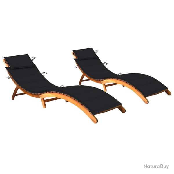 Chaises longues lot de 2 avec coussins Bois d'acacia solide