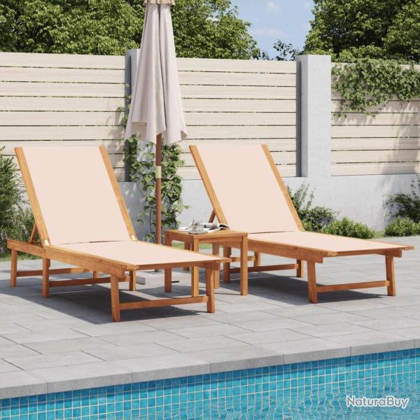 Chaises longues lot de 2 table cr�me bois d'acacia et textil�ne