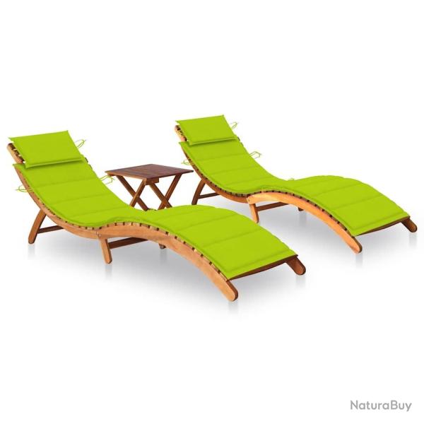 Chaises longues lot de 2 avec table et coussins Acacia solide