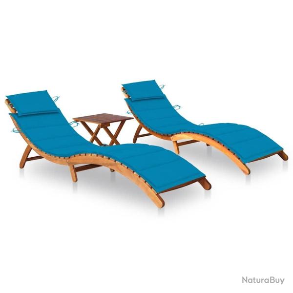 Chaises longues lot de 2 avec table et coussins Acacia solide