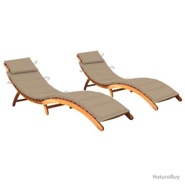 Chaises longues lot de 2 avec coussins Bois d'acacia solide