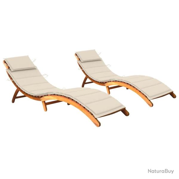 Chaises longues lot de 2 avec coussins Bois d'acacia solide