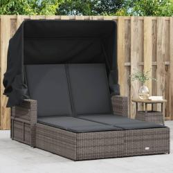 Chaise longue double et auvent et coussins gris r&eacute;sine tress&eacute;e