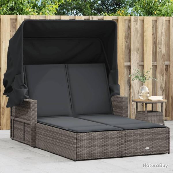 Chaise longue double et auvent et coussins gris r�sine tress�e