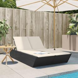 Chaise longue double avec coussins noir r&eacute;sine tress&eacute;e