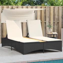 Chaise longue double et auvent et coussins noir r&eacute;sine tress&eacute;e