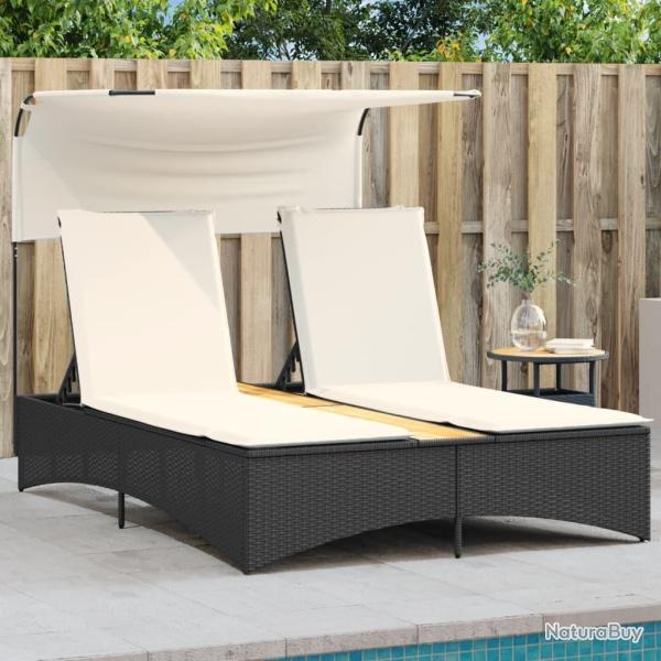 Chaise longue double et auvent et coussins noir r�sine tress�e