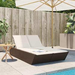 Chaise longue double avec coussins marron r&eacute;sine tress&eacute;e