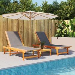 Chaises longues lot de 2 noir bois d'acacia solide et textil&egrave;ne