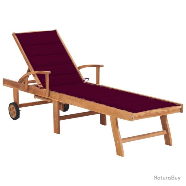 Chaise longue avec coussin rouge bordeaux Bois de teck solide