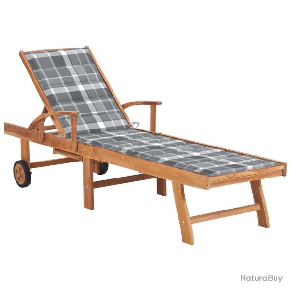 Chaise longue avec coussin � carreaux gris Bois de teck solide
