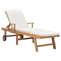 Chaise longue avec coussin Bois de teck solide Cr&egrave;me
