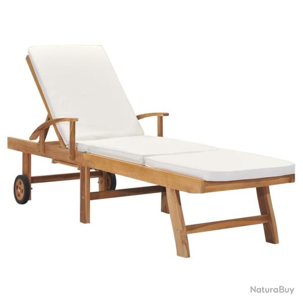 Chaise longue avec coussin Bois de teck solide Cr�me