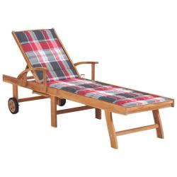Chaise longue avec coussin &agrave; carreaux rouge Bois de teck solide
