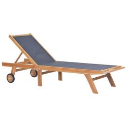 Chaise longue pliable avec roulettes Teck massif et textil&egrave;ne