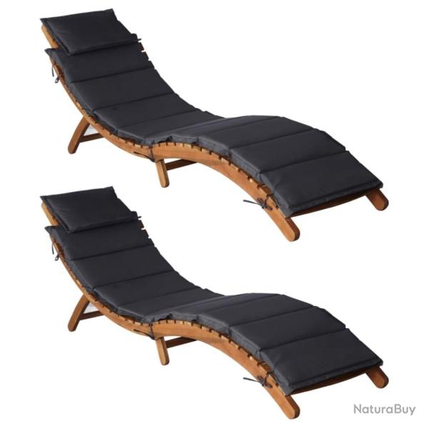 Chaises longues et coussins 2 pcs Gris fonc� Bois massif acacia