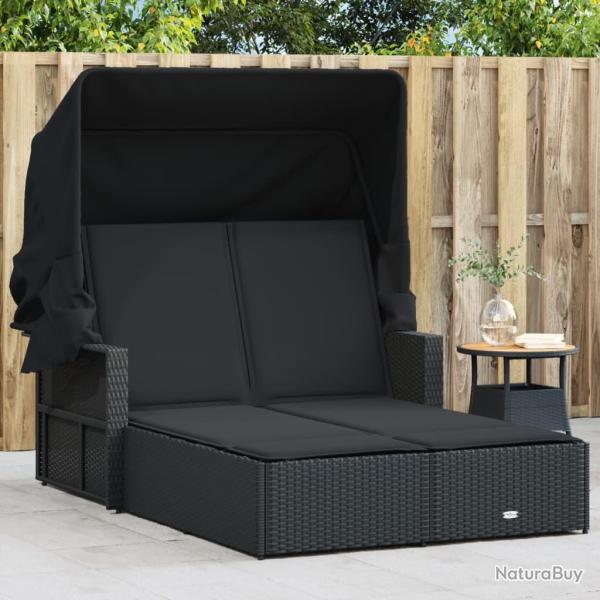 Chaise longue double et auvent et coussins noir r�sine tress�e