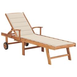 Chaise longue avec coussin cr&egrave;me Bois de teck solide