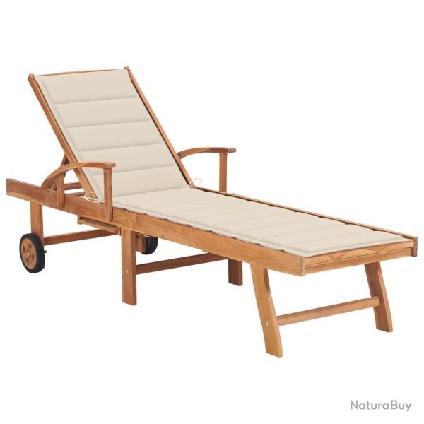 Chaise longue avec coussin cr�me Bois de teck solide