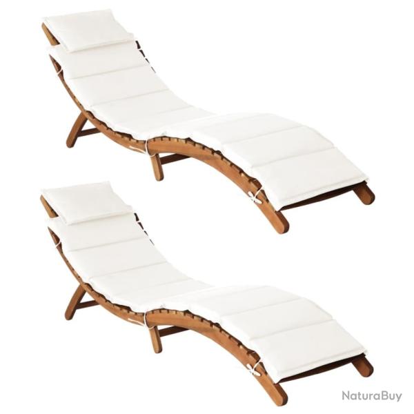 Chaises longues et coussins 2pcs Cr�me blanc Bois massif acacia